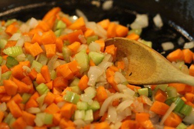Kelly Childs' chopped onions, garlic, celery and carrots being cooked in a pan