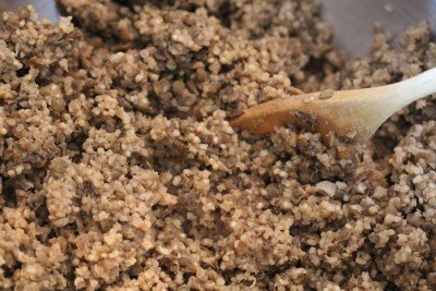 Kelly Childs' cooked green lentils and millet being stirred